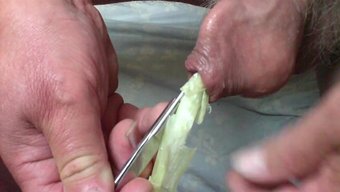 Foreskin Play With A Spring Onion And Scissors.