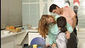 Redheaded Vixen Indulges In A Steamy Threesome With Two Gentlemen Following A Wild Bash In The Culinary Quarters.