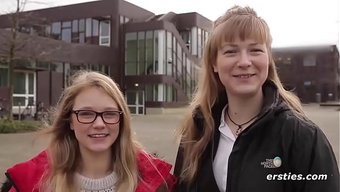 First Time: Two Girls Are Having Fun In The Berlin University Library